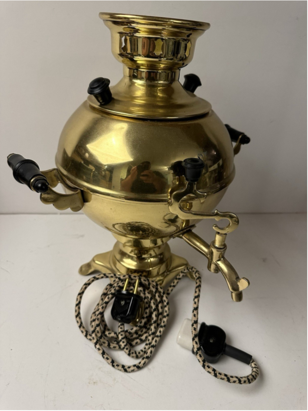 Vintage Soviet USSR Brass Electric Samovar Russian Tea Urn 1980 Woven Cord